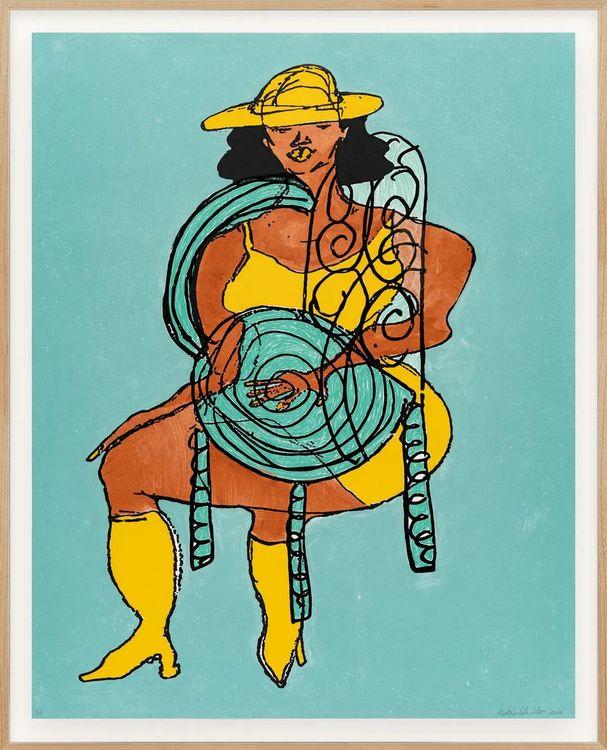 Lady in Yellow on Spiral Seat #2 Teal Background